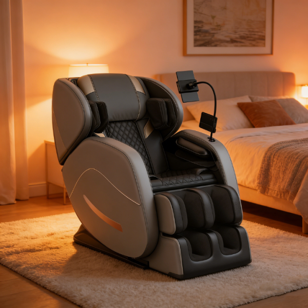 F FURNIMAT Modern Minimalist Massage Chair with Bluetooth Speaker & Space-Saving Design